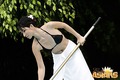 Glamorous Asian in swimsuit Asoka cleaning the pool naked