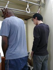 Petite Japan doll Iori Miduki sucking a black cock and getting fucked by four dudes in a bus
